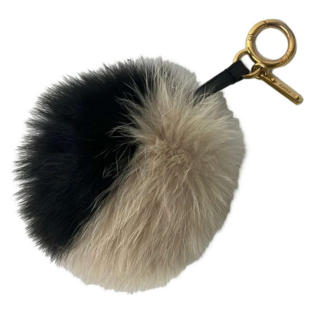 Fendi Pompom Charm Bag Charm Black Beige Fur Leather
